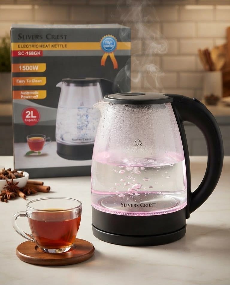 کتری برقی شیشه ای SLIVERS CRIEST مدل SC-168GK | توان ۱۵۰۰وات - 2 لیتر