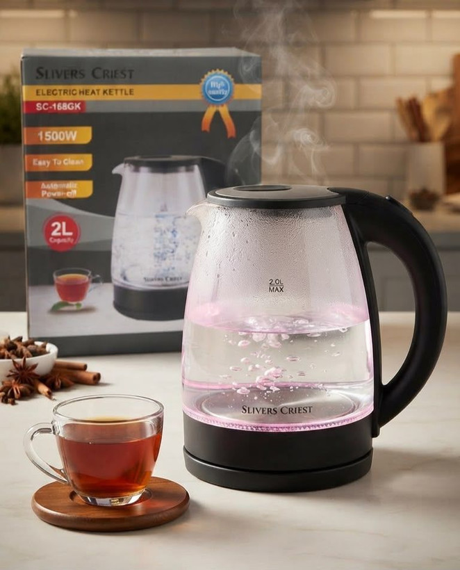 کتری برقی شیشه ای SLIVERS CRIEST مدل SC-168GK | توان ۱۵۰۰وات - 2 لیتر