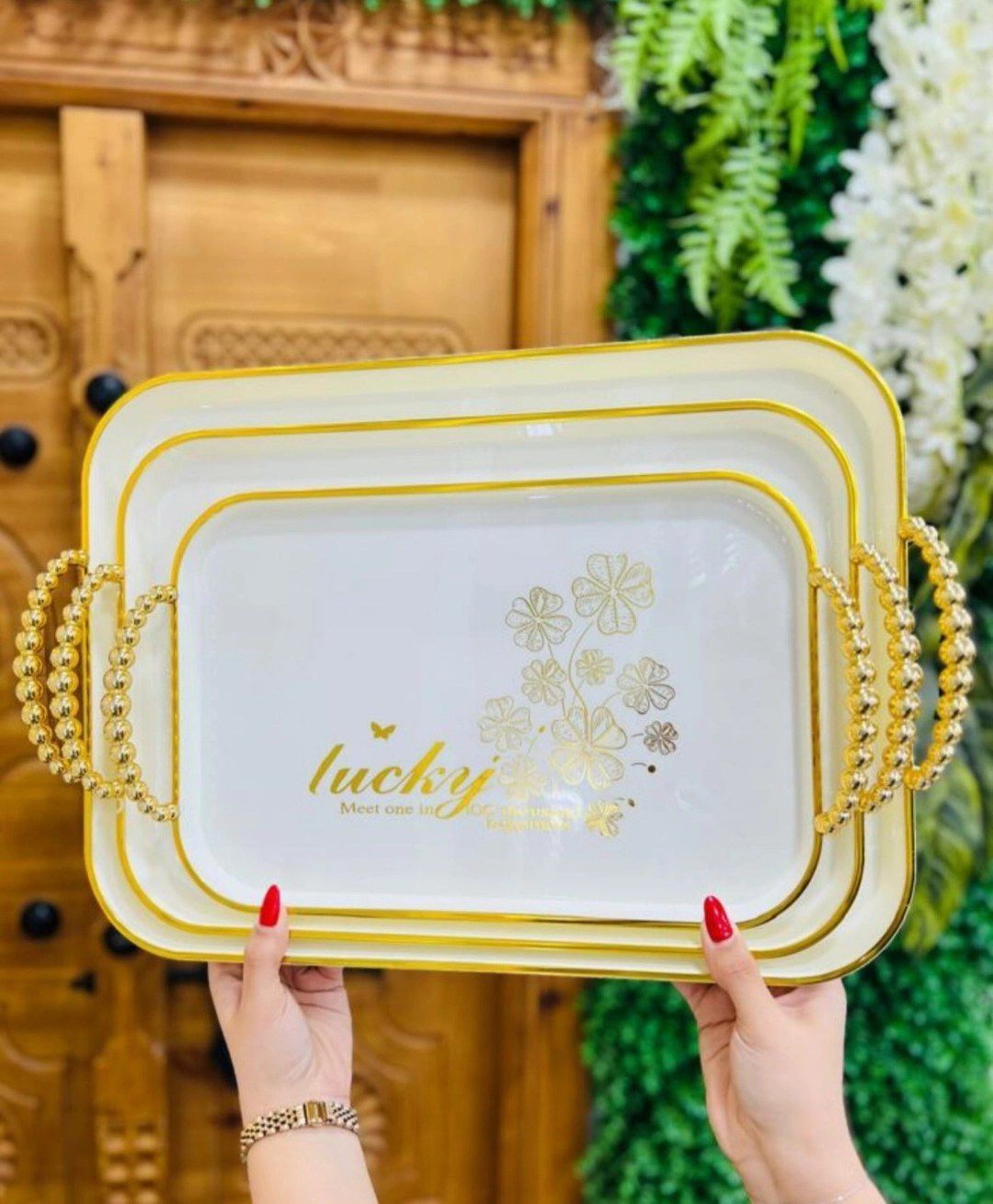 ست سینی 3عددی لوکی Lucky شیک و براق دسته طلایی